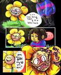  ... ambiguous_gender brown_hair clothed clothing duo english_text evil_grin eyes_closed flower flowey_the_flower hair nightmare_fuel plant protagonist_(undertale) sharp_teeth smile speech_bubble sunlight teeth text thatonegojimun undertale video_games 