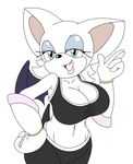  anthro bat big_breasts blue_eyes bra breasts cleavage clothed clothing female gloves hair mammal michiyoshi navel open_mouth rouge_the_bat shirt simple_background smile solo sonic_(series) sports_bra tank_top underwear video_games white_background white_hair wings 