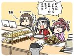  :&lt; cash_register check_translation doughnut faceless food idolmaster idolmaster_cinderella_girls long_hair mellow_yellow mizumoto_yukari multiple_girls nakano_yuka open_mouth ponytail shiina_noriko smile sweatdrop sweets tongs translation_request tray tsunamayo 