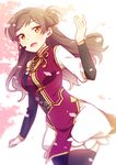  brown_eyes brown_hair cherry_blossoms china_dress chinese_clothes dress idolmaster idolmaster_million_live! kitazawa_shiho long_hair open_mouth smile solo thighhighs touon 