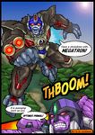  2koma 90s arm_cannon beast_wars cannon comic english engrish fangs flying glowing gorilla grinding gun hands jungle kamizono_(spookyhouse) machine machinery maximal mecha megatron multiple_boys nature no_humans oldschool open_mouth optimus_primal ranguage river robot science_fiction teeth transformers weapon 