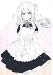  :d alternate_costume apron blush cherry_blossoms enmaided food gloves greyscale hair_ribbon highres kantai_collection kashima_(kantai_collection) maid maid_apron maid_headdress monochrome name_tag open_mouth petals plate puffy_short_sleeves puffy_sleeves ribbon sandwich short_sleeves sino_(sionori) smile solo 