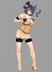  breast_squeeze breasts cleavage contrapposto corset elbow_gloves eyepatch full_body garter_belt gloves grey_background highres kantai_collection komii large_breasts latex looking_at_viewer parted_lips purple_hair short_hair simple_background skindentation solo standing tenryuu_(kantai_collection) thighhighs yellow_eyes 