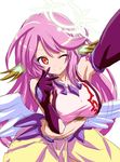  ;) angel_wings breasts crop_top feathered_wings gloves halo jibril_(no_game_no_life) large_breasts long_hair low_wings magic_circle midriff multicolored multicolored_eyes navel no_game_no_life one_eye_closed pink_hair purple_eyes reaching_out self_shot shirosame sideboob sketch smile solo tattoo v very_long_hair white_wings wing_ears wings yellow_eyes 
