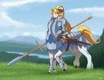  blazbaros blonde_hair blue_eyes centaur ponyail spear sword unicorn 