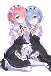  :o bare_shoulders blue_eyes blue_hair detached_sleeves frilled_sleeves frills hair_ornament hair_over_one_eye hair_ribbon headdress holding_hands huyumitsu interlocked_fingers kneeling looking_at_viewer maid multiple_girls pink_hair ram_(re:zero) re:zero_kara_hajimeru_isekai_seikatsu red_eyes red_ribbon rem_(re:zero) ribbon short_hair siblings sisters sitting thighhighs twins wariza white_legwear wide_sleeves x_hair_ornament 