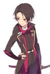  brown_hair earrings hand_on_hip jewelry kashuu_kiyomitsu katana male_focus mole mole_under_mouth nail_polish plico_(nicoma) ponytail red_eyes red_nails scarf smile solo sword touken_ranbu weapon 