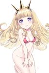  :d bikini_top blonde_hair blush bottomless breasts cagliostro_(granblue_fantasy) cleavage granblue_fantasy kneeling long_hair mirakururu open_mouth purple_eyes red_bikini_top signature simple_background small_breasts smile solo swimsuit v_arms white_background 