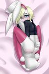  2016 blush clothed clothing cuddling cute digital_media_(artwork) girly hoodie hug lagomorph legwear looking_at_viewer male mammal nana_gel open_mouth pillow rabbit simple_background socks solo stirrup_socks stockings 