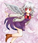  dress expressionless feathered_wings feathers io_(maryann_blue) jacket kishin_sagume purple_dress red_eyes short_dress short_hair silver_hair single_wing solo touhou wings 
