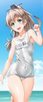  blue_eyes blue_sky byeontae_jagga cloud collarbone covered_navel day hair_ornament highres kantai_collection kumano_(kantai_collection) long_hair looking_at_viewer ocean one-piece_swimsuit open_mouth platinum_blonde_hair ponytail school_swimsuit silver_hair sky smile solo swimsuit thighs white_school_swimsuit white_swimsuit 