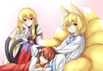  adapted_costume alternate_eye_color animal_ears armband between_legs blonde_hair blush bow brown_hair cat_ears chen comfy dress flame_print fluffy fox_ears fox_tail gradient gradient_background hair_bow hand_on_own_cheek horokusa_(korai) long_hair long_sleeves looking_at_viewer lying_on_person multiple_girls multiple_tails no_hat no_headwear orange_eyes pink_background red_dress red_eyes short_hair sitting sleeveless sleeveless_dress smile squatting tabard tail touhou two_tails very_long_hair white_background white_dress yakumo_ran yakumo_yukari yellow_eyes 