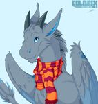  anthro colarix dragon hi_res horn looking_at_viewer male scarf simple_background smile solo teeth wings 