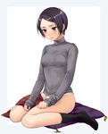  bad_id bad_pixiv_id black_hair black_legwear blush border breasts closed_mouth cushion full_body hand_on_own_thigh kitora_ai kneehighs long_sleeves looking_away looking_down maruishi medium_breasts no_pants no_shoes panties purple_eyes red_skirt rounded_corners short_hair simple_background sitting skirt skirt_removed solo sweater tassel turtleneck underwear wariza white_background white_panties world_trigger 