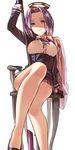  arm_at_side arm_up bare_legs black_footwear black_gloves black_skirt breasts chair closed_mouth floating floating_object fujita_(condor) gloves kantai_collection knee_up large_breasts long_sleeves looking_at_viewer mechanical_halo no_legwear pleated_skirt purple_eyes purple_hair red_ribbon ribbon shade shaded_face shirt shoes short_hair simple_background sitting skirt smile solo tatsuta_(kantai_collection) underbust white_background white_shirt 