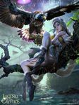  2015 bird blue_eyes braid brown_gloves copyright_name dousanxian facial_mark falcon fantasy forehead_mark full_body fur_trim gloves grey_hair hawk in_tree legend_of_the_cryptids long_hair looking_at_viewer outdoors single_braid single_glove sitting solo tattoo tree very_long_hair water watermark 