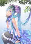  7th_dragon_(series) 7th_dragon_2020 aqua_hair bad_id bad_pixiv_id black_legwear blue_eyes dress frilled_dress frills hair_ornament haneru hatsune_miku headphones highres long_hair looking_at_viewer sitting solo twintails vocaloid 