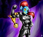  armor blush cave eye_patch eyewear fish flexing hanging_(disambiguation) happy lifting marine monster_kid ponytail purple_background reptile scalie signature simple_background smile smudgeandfrank undertale undyne video_games 