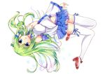  bare_shoulders blue_eyes detached_sleeves frog_hair_ornament fule green_hair hair_ornament hair_tubes highres kochiya_sanae long_hair midriff panties pantyshot snake_hair_ornament solo striped striped_panties thighhighs touhou underwear white_legwear 