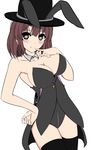  absurdres animal_ears bangs black_hat black_legwear blush breasts brown_eyes brown_hair bunny_ears bunny_girl bunnysuit cleavage closed_mouth cowboy_shot detached_collar fake_animal_ears finger_to_mouth hand_on_hip hand_up hat highres katou_megumi large_breasts leotard looking_at_viewer mizuki_(satukisen) saenai_heroine_no_sodatekata short_hair simple_background smile solo standing strapless strapless_leotard tareme thighhighs top_hat white_background work_in_progress 