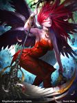  angel_wings artist_name black_wings blood bloody_clothes blue_eyes bracelet breasts collar fantasy feathered_wings feathers hair_pull halo highres holding_head jewelry large_breasts leaning_forward legend_of_the_cryptids lips long_hair multiple_wings official_art original parted_lips pink_hair ring severed_head shuichi_wada solo wings 