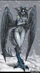  2016 anthro areola avian bird black_sclera blue_claws blue_eyes blue_feathers blue_scales breasts claws crossed_arms english_text feathers feline female grey_feathers hair harpy hi_res hybrid iontoon long_hair looking_at_viewer mammal navel nipples nude outside owl pink_nipples pussy scales signature snow snowing snowman solo spots tail_feathers text toe_claws wide_hips 