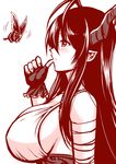  biting breasts bug butterfly danua draph finger_biting granblue_fantasy highres horns insect kanno_takanori large_breasts long_hair monochrome pointy_ears profile sketch solo 