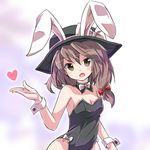  animal_ears bare_shoulders bow bowtie breasts brown_eyes brown_hair bunny_ears bunnysuit cleavage detached_collar hat heart looking_at_viewer medium_breasts ryogo short_hair solo touhou usami_renko wrist_cuffs 