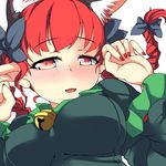  animal_ears bell blush bow braid cat_ears extra_ears fangs hair_bow kaenbyou_rin konata_gazel nail_polish pointy_ears red_eyes red_hair red_nails solo touhou twin_braids 