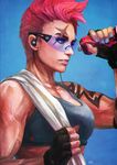  absurdres black_gloves blue_eyes breasts casual fingerless_gloves gloves highres medium_breasts monori_rogue muscle muscular_female overwatch pink_hair russian scar scar_across_eye short_hair solo sunglasses tank_top tattoo towel towel_around_neck undercut watermark zarya_(overwatch) 