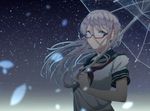  aqua_eyes glasses long_hair night original saitou_(lynx-shrike) seifuku sky stars umbrella uniform white_hair 