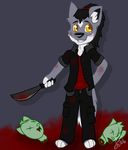  black_hair blood canine chibi clothed clothing cute decapitation hair lupis_wolfe machete male mammal melee_weapon solo undead weapon wolf yellow_eyes zombie zombikiss 