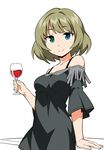  anbe_masahiro arm_support blue_eyes cup dress drinking_glass green_eyes grey_dress hand_on_table heterochromia idolmaster idolmaster_cinderella_girls mole mole_under_eye monochrome_background off-shoulder_shirt red_wine shirt shoulders solo takagaki_kaede wine_glass 