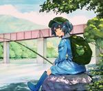  backpack bag blue_dress blue_eyes blue_footwear blue_hair blue_sky boots bridge cloud day dress fishing fishing_rod forest hair_bobbles hair_ornament kawashiro_nitori knee_boots long_sleeves looking_at_viewer marker_(medium) millipen_(medium) mountain nature river rubber_boots shiratama_(hockey) sitting_on_rock sky smile solo touhou traditional_media tree two_side_up 