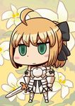  ahoge april_fools armor armored_dress artoria_pendragon_(all) blonde_hair blush_stickers caliburn chibi fate/grand_order fate/stay_night fate/unlimited_codes fate_(series) green_eyes official_art riyo_(lyomsnpmp) saber_lily solo sword weapon 