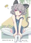  ahoge alternate_costume animal_ears blush character_name cheese english eyebrows eyebrows_visible_through_hair food gem grass grey_hair iris_anemone jewelry looking_to_the_side looking_up mountain mouse mouse_ears mouse_tail nazrin no_shirt overalls parted_lips pendant pink_eyes short_hair sitting solo tail tail_bracelet thighhighs touhou twitter_username white_background white_legwear willow wind 