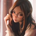  artist_name black-framed_eyewear blurry book brown_eyes closed_mouth depth_of_field glasses guweiz head_tilt holding holding_book long_hair long_sleeves looking_afar pointy_ears red_lips round_eyewear shirt smile solo upper_body white_shirt 