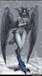  2016 anthro areola avian bird black_sclera blue_claws blue_eyes blue_feathers blue_scales breasts claws crossed_arms english_text feathers feline female grey_feathers hair harpy hi_res hybrid iontoon long_hair looking_at_viewer mammal navel nipples nude outside owl pink_nipples pussy scales signature snow snowing snowman solo spots text toe_claws wide_hips 
