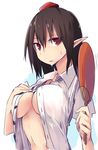  black_hair breasts brown_hair collared_shirt fan hand_on_breast hat holding holding_fan hot kamukamu_(ars) large_breasts looking_at_viewer navel no_bra open_clothes open_shirt pointy_ears red_eyes shameimaru_aya shirt short_hair solo sweat sweatdrop touhou white_shirt wing_collar 