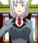  animated animated_gif anna_nishikinomiya aqua_eyes between_breasts blazer bouncing_breasts breasts large_breasts necktie necktie_between_breasts school_uniform shimoneta_to_iu_gainen_ga_sonzai_shinai_taikutsu_na_sekai short_hair silver_hair talking 