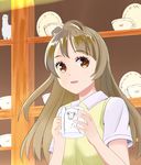  alpaca brown_eyes brown_hair coffee_mug cup hinomoto_souya indoors long_hair looking_at_viewer love_live! love_live!_school_idol_project minami_kotori mug parted_lips plate saucer shelf short_sleeves solo sweater_vest teacup 