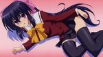  blue_hair blush bow breasts hair_bow isono_satoshi large_breasts long_hair lying noihara_himari official_art omamori_himari on_side parted_lips ponytail purple_eyes school_uniform skirt smile solo thighhighs very_long_hair zettai_ryouiki 