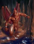  2016 anthro athletic balls cave chain chunie digital_media_(artwork) dragon hi_res horn humanoid_penis inside invalid_tag looking_at_viewer male melee_weapon membranous_wings nude partially_retracted_foreskin penis scales scalie shackles solo standing teeth tongue uncut water weapon western_dragon wet wings 