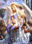  2boys angel_wings bikini blonde_hair blue_eyes blue_legwear breasts floating_island flower hair_flower hair_ornament halo jewelry large_breasts legend_of_the_cryptids light_rays lips looking_at_viewer multiple_boys navel shuichi_wada solo_focus swimsuit thighhighs throne veil water waterfall wings 