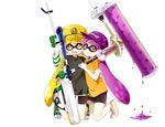  :d arm_up bangs baseball_cap black_shorts blunt_bangs blush closed_mouth clothes_writing domino_mask dripping dynamo_roller_(splatoon) e-liter_3k_(splatoon) full_body green_footwear gun hat highres holding holding_gun holding_weapon ink_tank_(splatoon) inkling long_hair long_sleeves mask multiple_girls namori open_mouth purple_eyes purple_hair purple_hat red_eyes rifle scope shirt shoelaces shoes shorts shorts_under_skirt simple_background smile sniper_rifle splatoon_(series) splatoon_1 sweater t-shirt very_long_hair weapon white_background yellow_footwear yellow_hat 