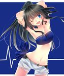  armpits black_hair blue_eyes breasts cleavage e-co highres long_hair looking_at_viewer medium_breasts navel one_eye_closed open_mouth original ponytail short_shorts shorts solo strapless 