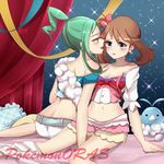  blue_eyes breasts brown_hair character_doll cleavage collarbone copyright_name earrings eye_contact gen_3_pokemon green_hair groin hair_ornament haruka_(pokemon) jewelry long_hair looking_at_another lucia_(pokemon) medium_breasts multiple_girls navel pokemon pokemon_(creature) pokemon_(game) pokemon_oras swablu twintails yrzirst yuri 