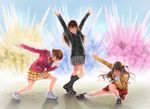  brown_hair closed_eyes commentary_request derivative_work explosion honda_mio idolmaster idolmaster_cinderella_girls jewelry long_hair multiple_girls necklace necktie nekomata_naomi new_generations pose school_uniform shibuya_rin shimamura_uzuki short_hair 