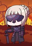  april_fools armor armored_dress artoria_pendragon_(all) blonde_hair chibi dark_excalibur fate/grand_order fate/stay_night fate_(series) official_art riyo_(lyomsnpmp) saber_alter solo sword weapon 