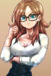  alternate_hairstyle android_21 blue_eyes breasts brown_background brown_hair crossed_arms dragon_ball dragon_ball_super_broly earrings eyelashes glasses hand_in_hair happy jewelry long_hair long_sleeves looking_at_viewer overalls shirt simple_background smile solo st62svnexilf2p9 upper_body white_shirt 